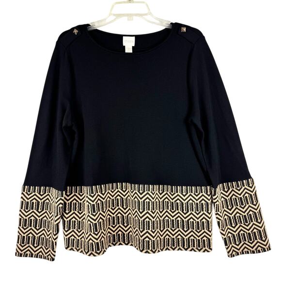 Chico's Blocked Jacquard Long Sleeve Textured Tab Shoulder Top Black Sz 3 US XL - Picture 4 of 16